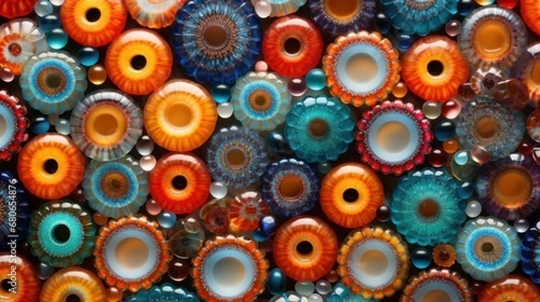 Fototapeta  a close up of a bunch of different colored glass beads on a surface with holes in the middle of the beads and a hole in the middle of the middle of the bead of the beads.