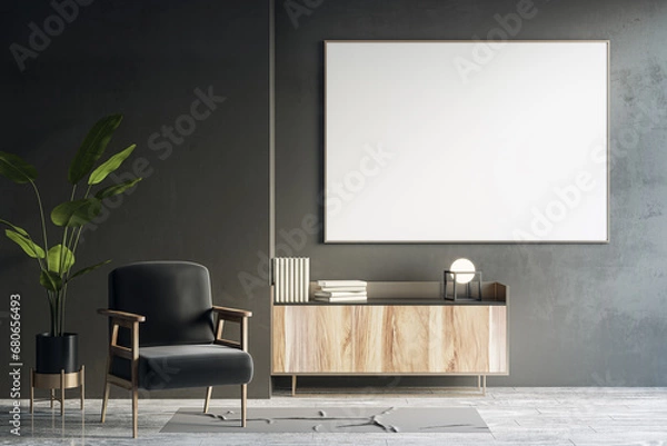 Fototapeta Modern living room interior with empty white mock up banner on dark wall, furniture and plant. 3D Rendering.