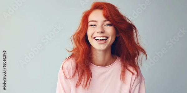 Obraz Woman face  red hair. Close up of happy attractive young woman with long way red hair and freckles wears stylish t shirts looks happy and smiling illustration Ai.