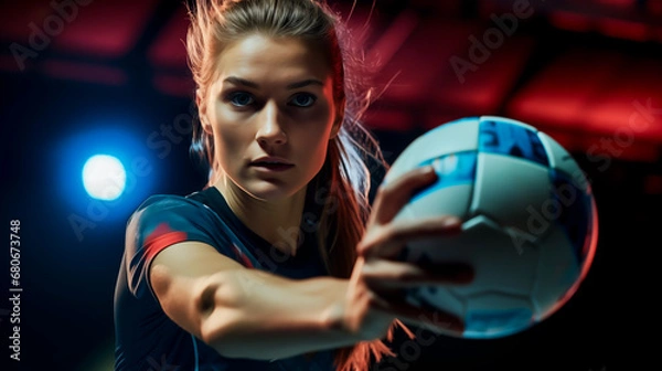 Fototapeta Focused female handball player in action, intense indoor game moment.

