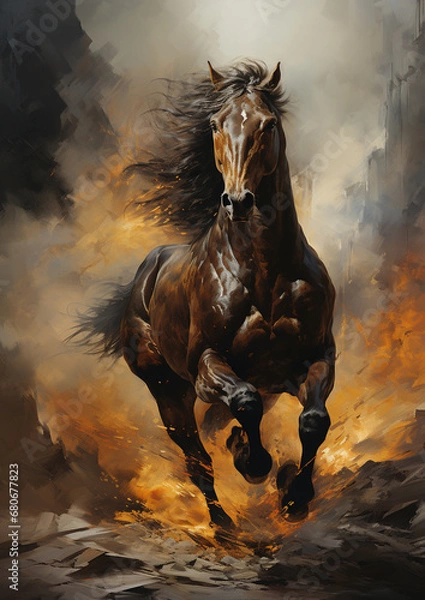 Fototapeta Horse gallops on the dust, epic moment. Freedom horse running in the dark background. AI Generative