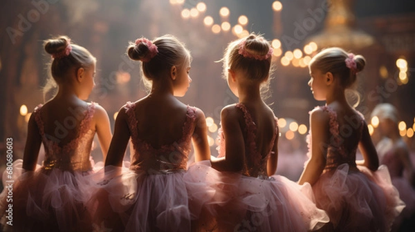 Fototapeta Poster A group of adorable little ballerinas, in pink costumes, face to scene in theater or concert hall before performance in dance suits