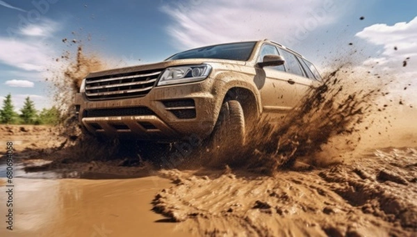 Fototapeta A Truck Conquering the Muddy Terrain on a Bright and Sunny Day