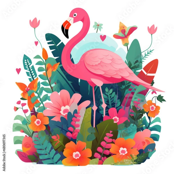 Obraz Vibrant Pink Flamingo Surrounded By Colorful Tropical Plants