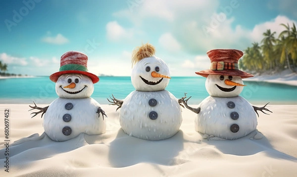 Obraz three snowman on a beautiful beach, generative ai 