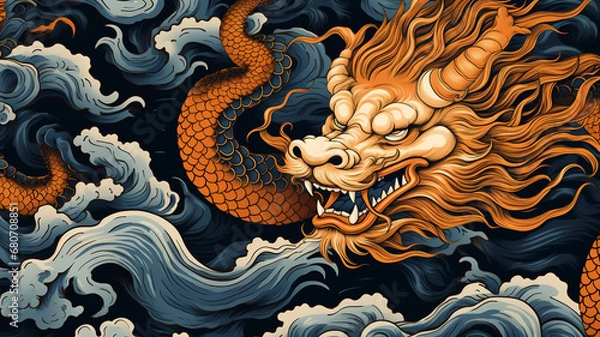 Fototapeta Colorful dynasty porcelain dragon and tiger texture seamless pattern