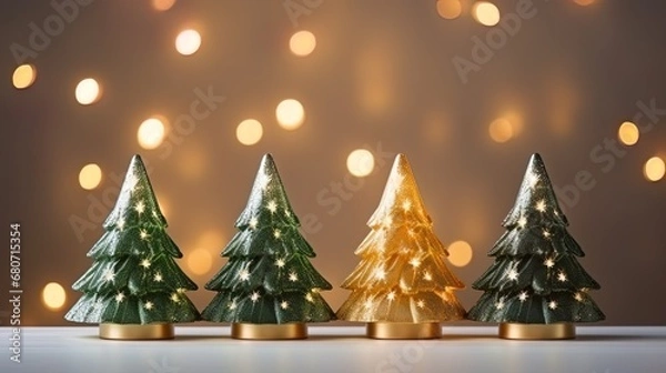 Fototapeta Christmas ambiance illuminated by three stage lights against a vibrant background.