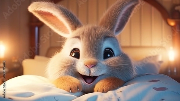 Fototapeta Happy rabbit in a snug bed smiles.
