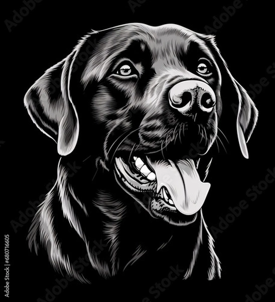 Obraz a black drawing of a labrador dog head, stencil art, detailed character illustrations, dignified poses