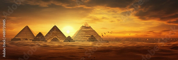 Fototapeta Egyptian Pyramids, ink splatter style, desert colors with pops of gold