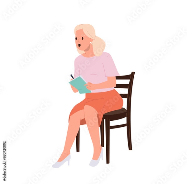 Fototapeta Amazed woman cartoon character sitting on chair making notes in copybook isolated on white