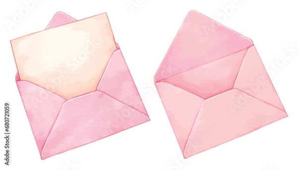 Fototapeta Open pink envelope  with letter blank paper watercolor vector