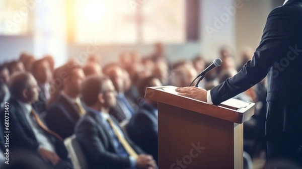 Obraz Confident presenter stands at a podium addressing an attentive audience in a spacious auditorium. Professional public speaking and engaging communication in a conference or lecture setting.