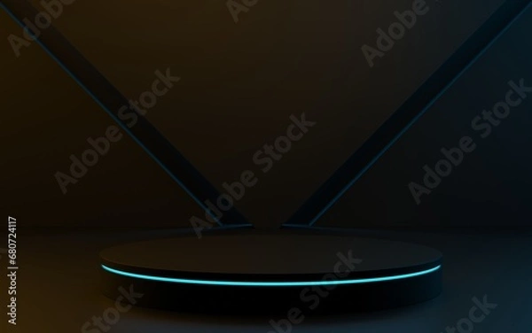 Fototapeta Product podium in dark room, yellow neon light. Abstract modern vector rendering 3d shape for products display presentation.