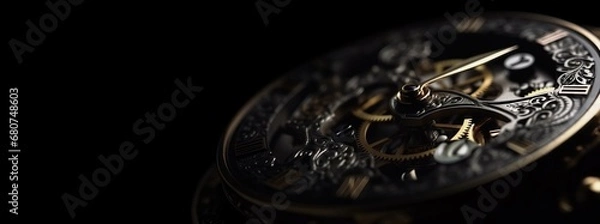 Fototapeta Mechanical clock inside, close up. Clock mechanism macro shot on black background. Concept of passing time.