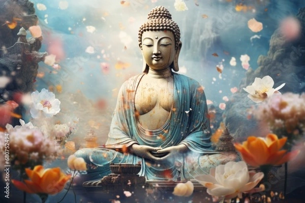 Fototapeta Serene buddha amidst peaceful scenery, flowers, mystical magic, Generative AI