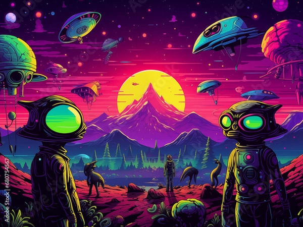 Obraz aliens with glowing eyes in a strange planet landscape
