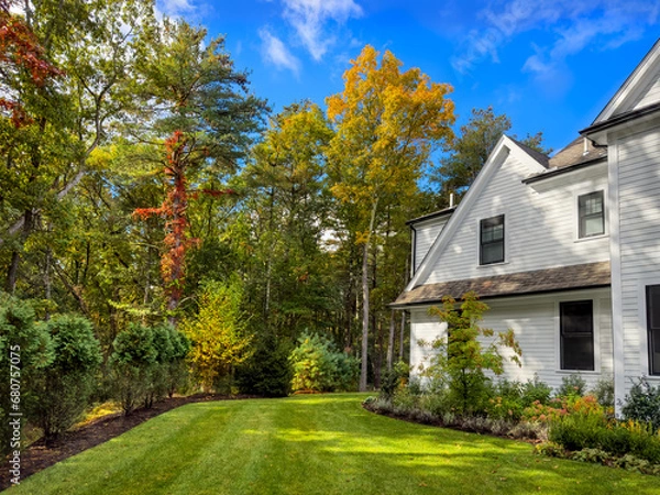 Fototapeta Autumn colors in suburban garden - morning sunlight on a suburban yard lights up the fall colors in the trees
