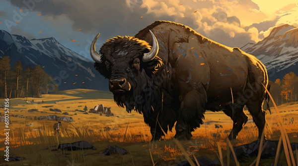 Fototapeta A bison standing in a field with mountains in the background