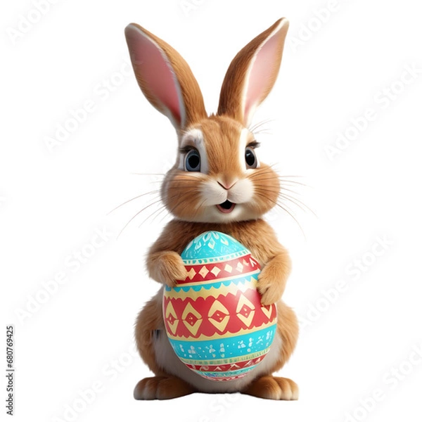 Fototapeta Charming Cartoon Rabbit Cradling a Decorated Easter Egg, Symbolizing Springtime Joy and Easter Celebrations, Rendered with a Transparent Background for Versatile Design Use