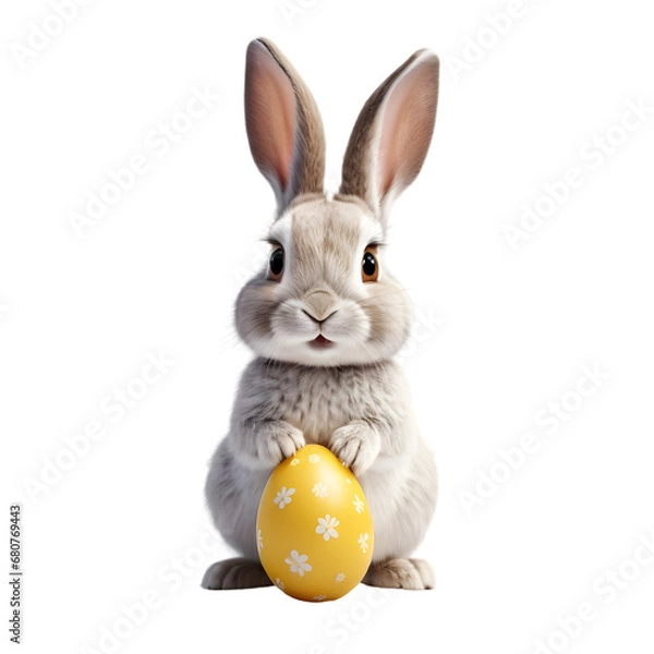 Fototapeta Charming Cartoon Rabbit Cradling a Decorated Easter Egg, Symbolizing Springtime Joy and Easter Celebrations, Rendered with a Transparent Background for Versatile Design Use