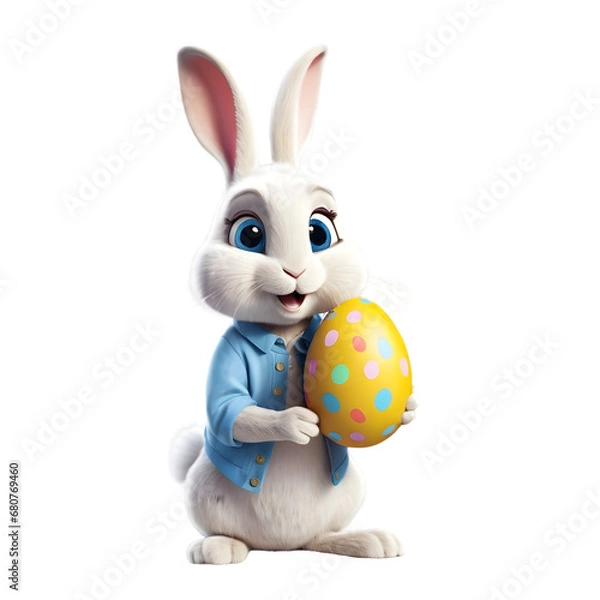 Fototapeta Charming Cartoon Rabbit Cradling a Decorated Easter Egg, Symbolizing Springtime Joy and Easter Celebrations, Rendered with a Transparent Background for Versatile Design Use