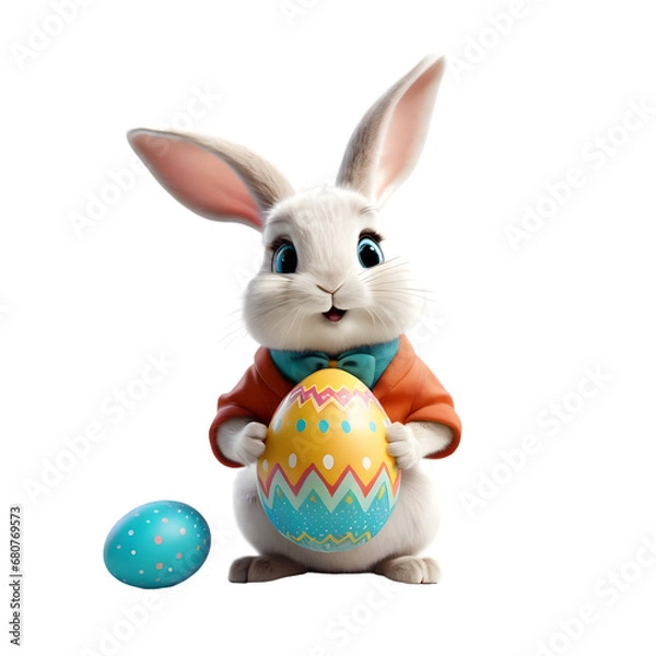 Fototapeta Charming Cartoon Rabbit Cradling a Decorated Easter Egg, Symbolizing Springtime Joy and Easter Celebrations, Rendered with a Transparent Background for Versatile Design Use