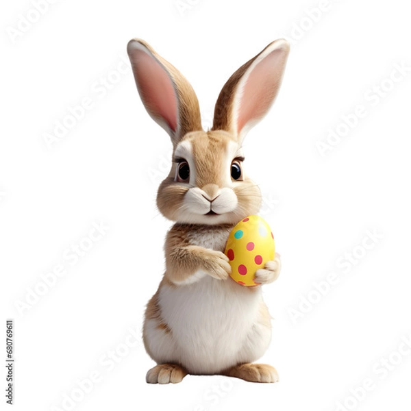 Fototapeta Charming Cartoon Rabbit Cradling a Decorated Easter Egg, Symbolizing Springtime Joy and Easter Celebrations, Rendered with a Transparent Background for Versatile Design Use