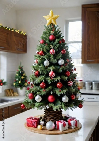 Obraz A Christmas Tree With Edible Decorations, In A Kitchen Setting.