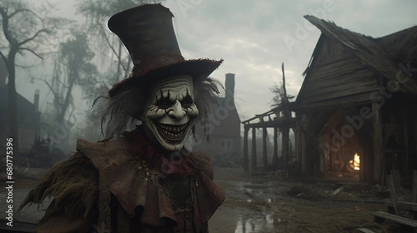 Fototapeta A creepy clown with a top hat and long hair next to an abandoned house