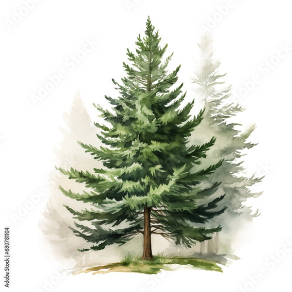 Fototapeta Watercolor Pine Tree: Tranquil Illustration on a Transparent Background, Ideal for Nature-themed Designs