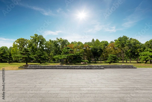 Obraz .Empty tiles floor at the nice and peaceful comfortable great nature park panorama..