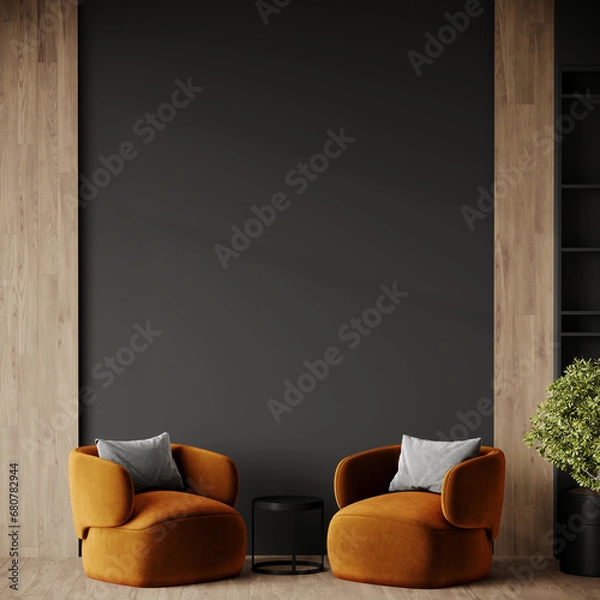 Obraz Dark deep room with vivid accents. Bright terracotta orange mustard armchairs. Trendy modern interior design mockup. Black wall background empty for art or wallpaper.Wood decorative parquet. 3d render