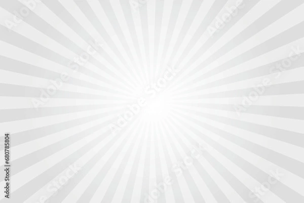 Fototapeta Gray background with white sun ray. Pattern of starburst. Abstract texture with light of sunburst. Radial beam of sunlight. Retro background with flash. Design of sunbeams. Vector.