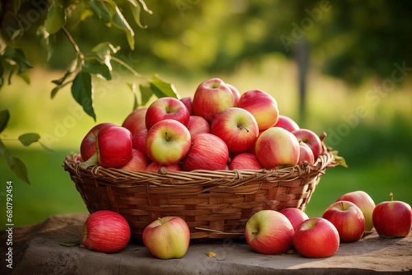 Fototapeta Fresh apples arranged in a unique basket against a serene natural backdrop