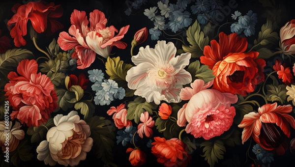 Fototapeta  a painting of flowers is on a black background ai generative