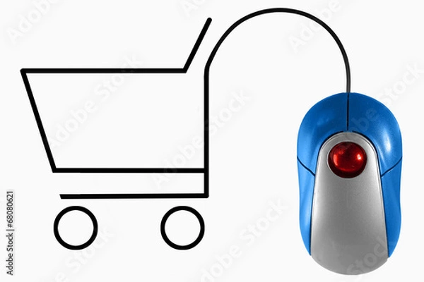 Fototapeta Shopping cart depicted by computer mouse cable