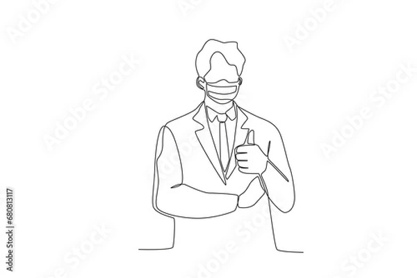 Fototapeta One single line drawing a male office worker wearing mask giving thumbs up sign. Medical health care service excellence concept continuous line draw design vector illustration
