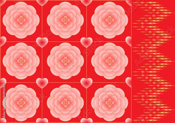 Fototapeta Abstract red background Luxurious gold Thai pattern Heart and flower pattern For surface decoration of fabric or carpet or clothing or packaging or wallpaper.