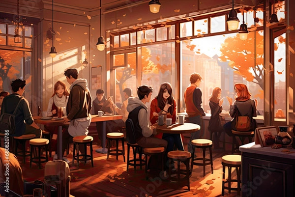 Fototapeta A group of friends in a warm and cozy coffee shop, cafe, restaurant; talking, chatting, discussing, laughing, enjoying each other's company; friendship, love, bonding,