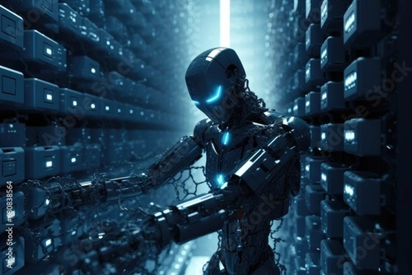 Fototapeta Cyber security concept. Robot working and protection at data center. Generative AI