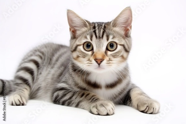Fototapeta Close-up of a fluffy orange tabby cat with bright green eyes sitting on a white background. The cat has a soft and luxurious coat, and its eyes are wide with curiosity.