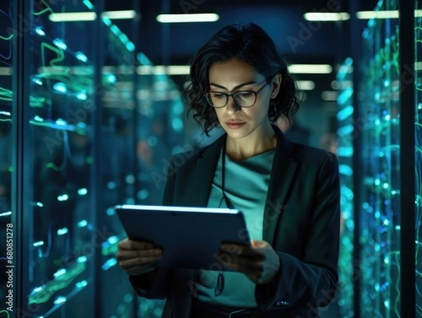 Fototapeta A young woman with a tablet computer stands in the middle of the server room and checks the operation of the servers and automation. Data storage and transmission. Cybersecurity.