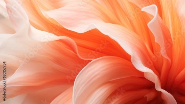 Fototapeta An extreme close-up of a coral peony, focusing on the texture of its petals that appear almost translucent in the bright daylight