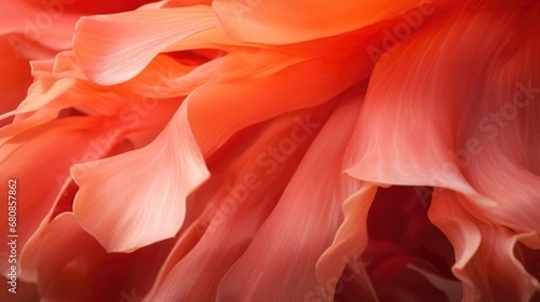 Fototapeta An extreme close-up of a coral peony, focusing on the texture of its petals that appear almost translucent in the bright daylight