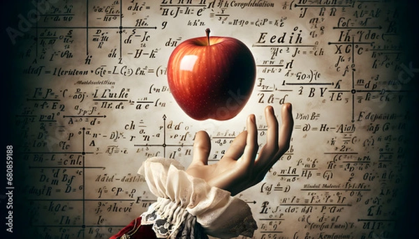 Obraz Hand catching a falling apple with math formulas - Newton's gravity discovery concept