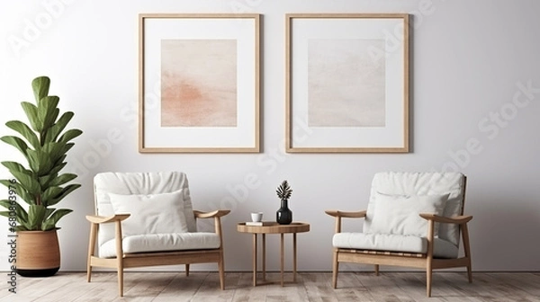 Fototapeta two armchairs in room with white wall and big frame