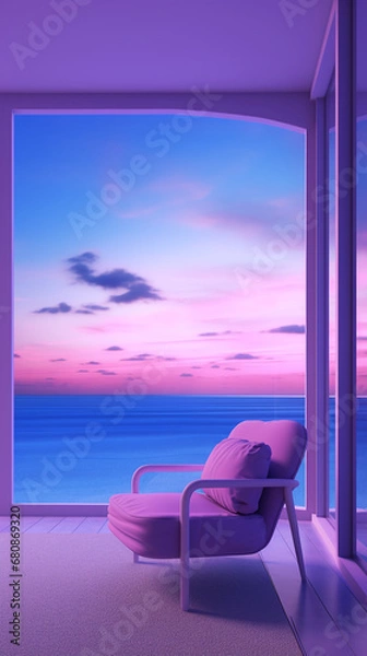 Fototapeta a minimalistic room with purple furniture and ocean view