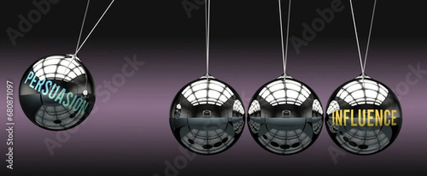 Fototapeta Persuasion leads to Influence. A metaphor in which persuasion initiates motion of influence and gives it energy. Cause and effect relation between persuasion and influence.,3d illustration