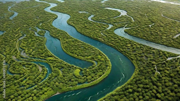 Fototapeta Aerial view of a river delta with lush green vegetation and winding waterways.